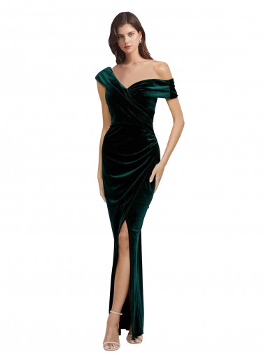 Cheap Long Asymmetric Neckline Ruched Velvet Prom Dress