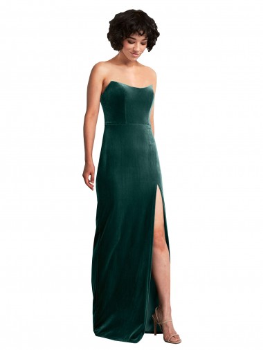 Cheap Scooped Strapless Long Velvet Prom Dress with Daring Side Slit