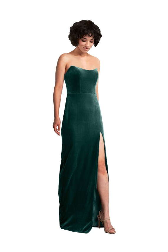 Cheap Scooped Strapless Long Velvet Prom Dress with Daring Side Slit