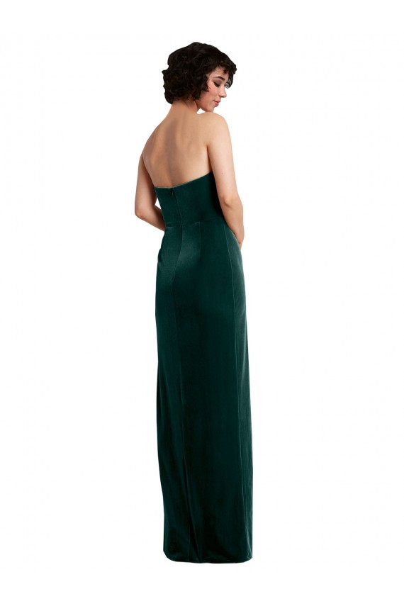 Cheap Scooped Strapless Long Velvet Prom Dress with Daring Side Slit